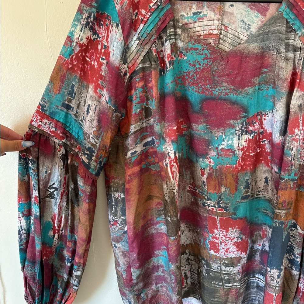 Tolani Teal and Red Abstract Blouse